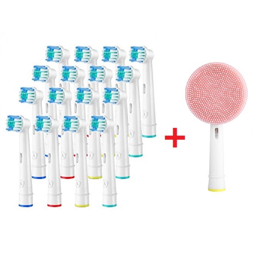 Συμβατά ανταλλακτικά για Oral B 16τεμ μαζί με Βουρτσάκι Καθαρισμού Προσώπου (Ρόζ)